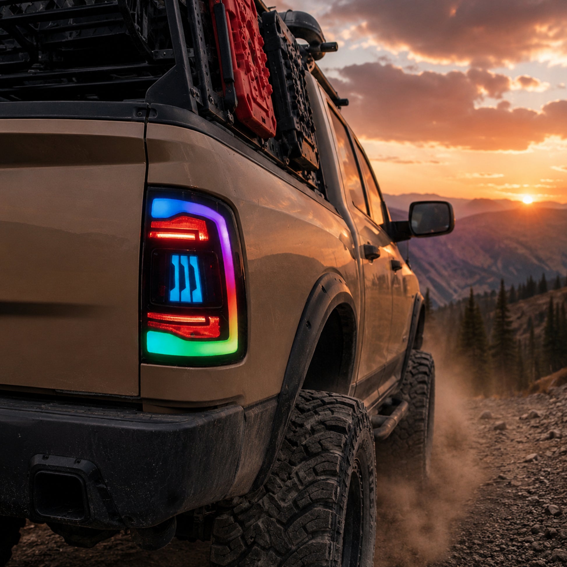 2009-2018 Dodge Ram 1500/2500/3500 Sequential LED Tail Lights — rgbsmoked ref03 mountain low rear - T-RAM09-SRGB