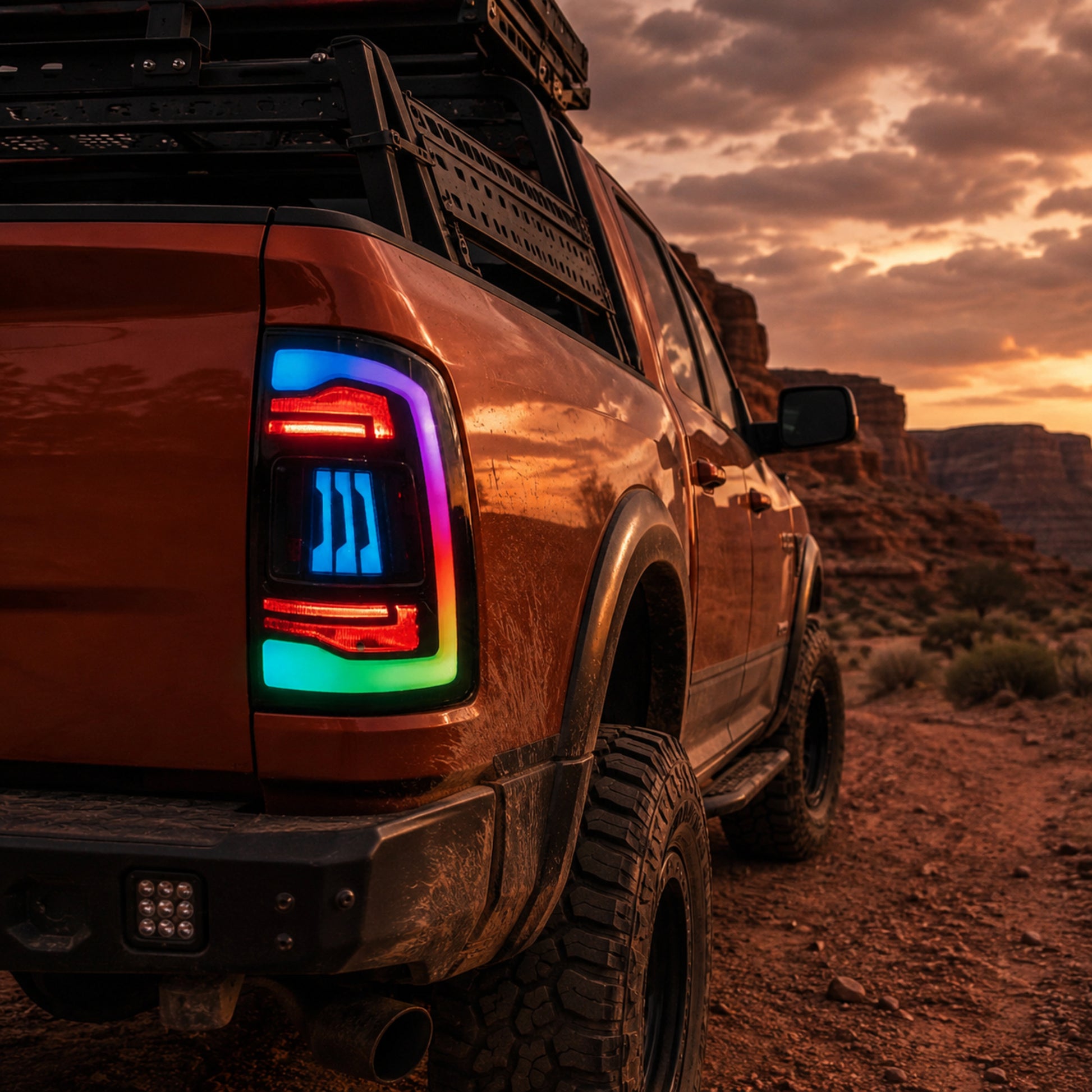 2009-2018 Dodge Ram 1500/2500/3500 Sequential LED Tail Lights — rgbsmoked ref03 redrock dusk side45 - T-RAM09-SRGB