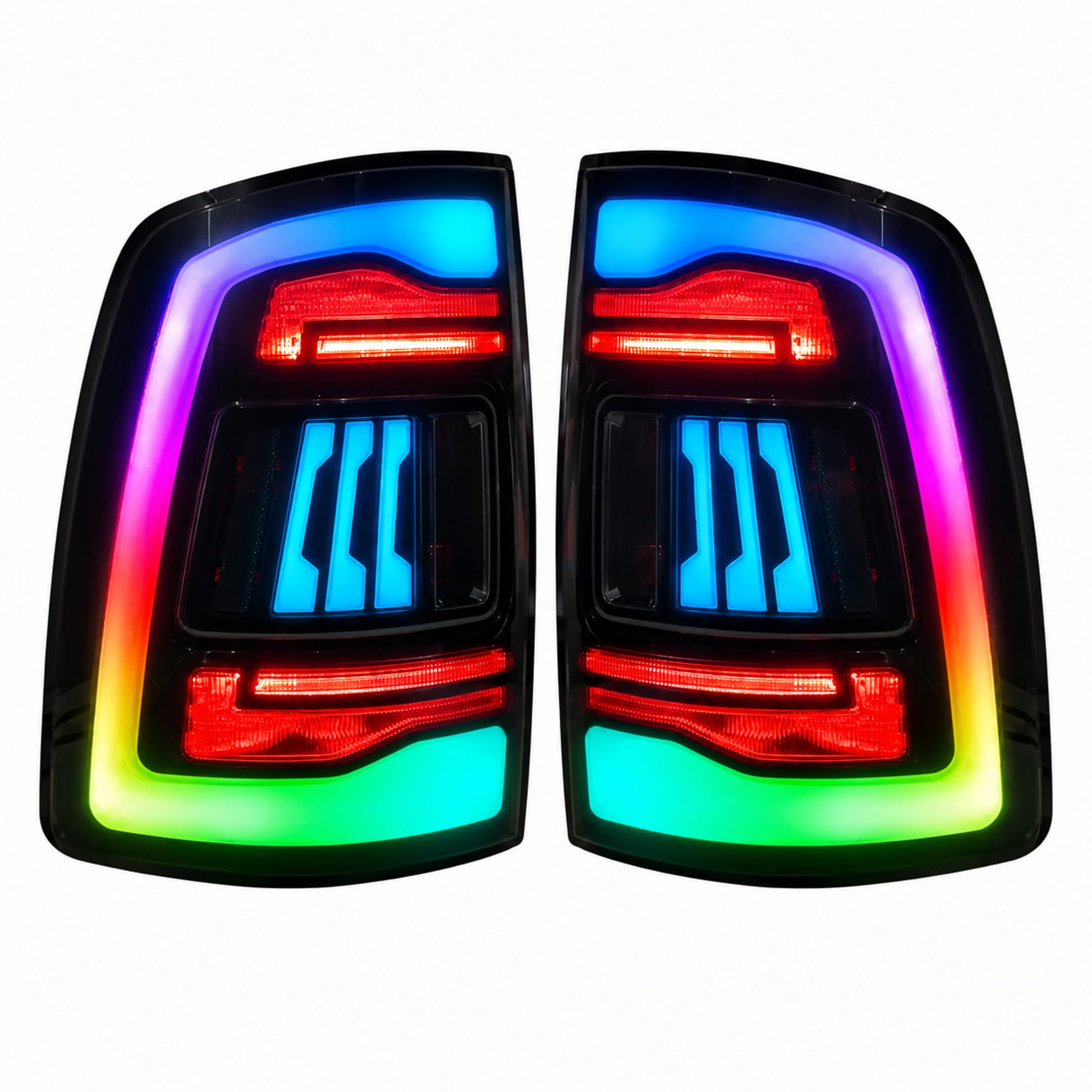 2009-2018 Dodge Ram 1500/2500/3500 Sequential LED Tail Lights — rgbsmoked white background lit - T-RAM09-SRGB