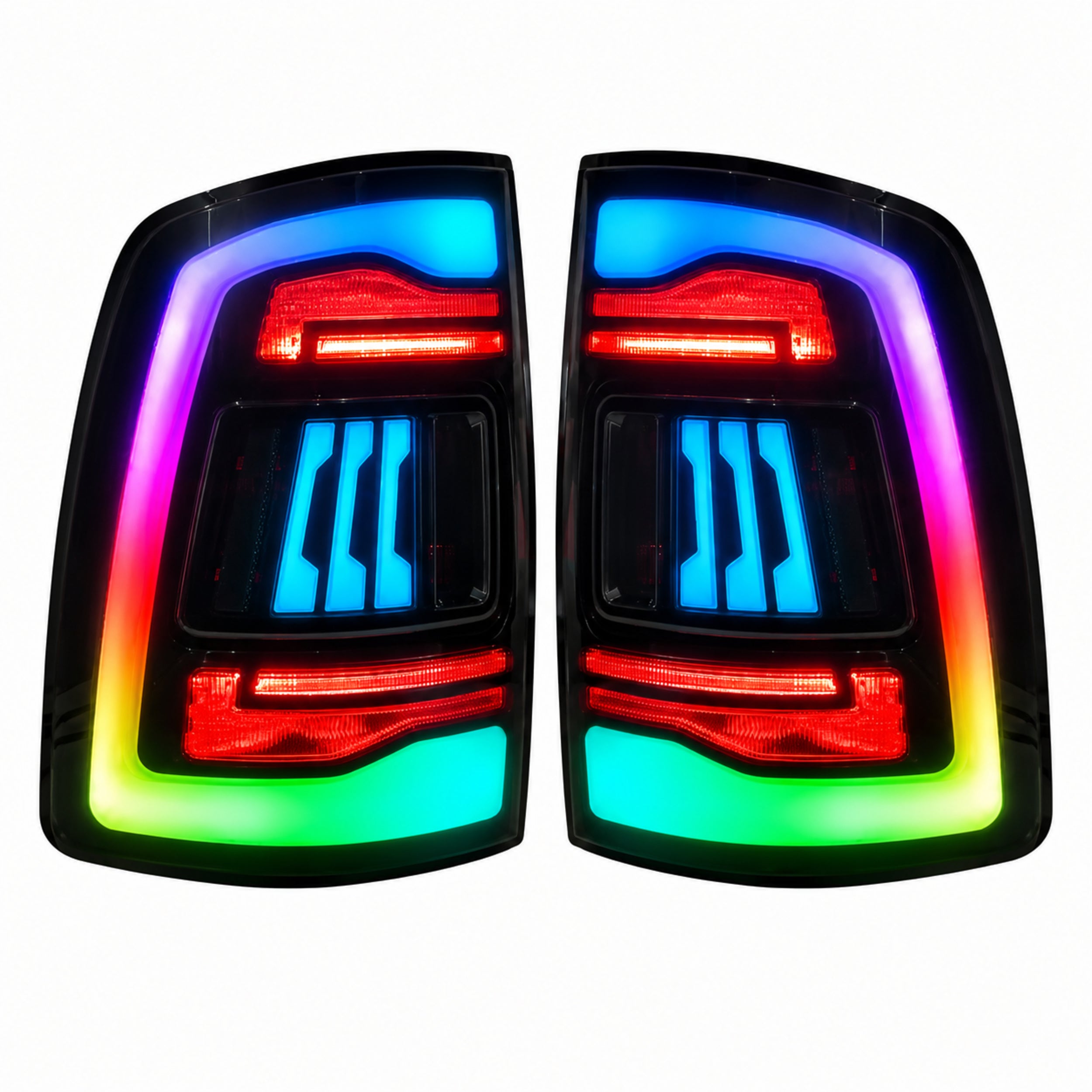 2009-2018 Dodge Ram 1500/2500/3500 Sequential LED Tail Lights — rgbsmoked white background lit - T-RAM09-SRGB