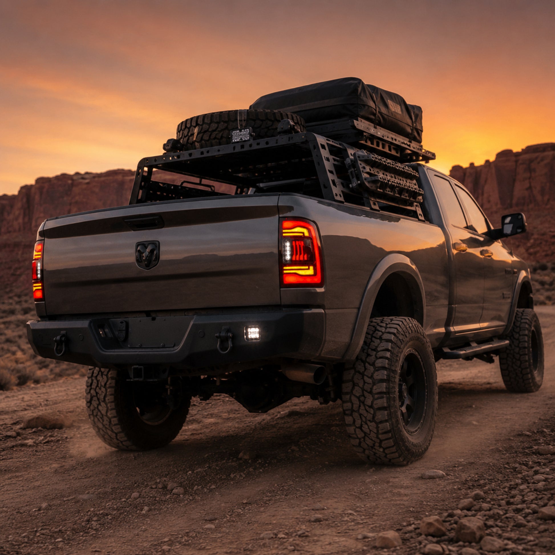 2009-2018 Dodge Ram 1500/2500/3500 Sequential LED Tail Lights — smoked sequential dusk rear45 - T-RAM09-SR