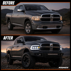 2009-2018 Dodge Ram 1500/2500/3500 LED Triple Projector Headlights — smoked before after — H-RAM09