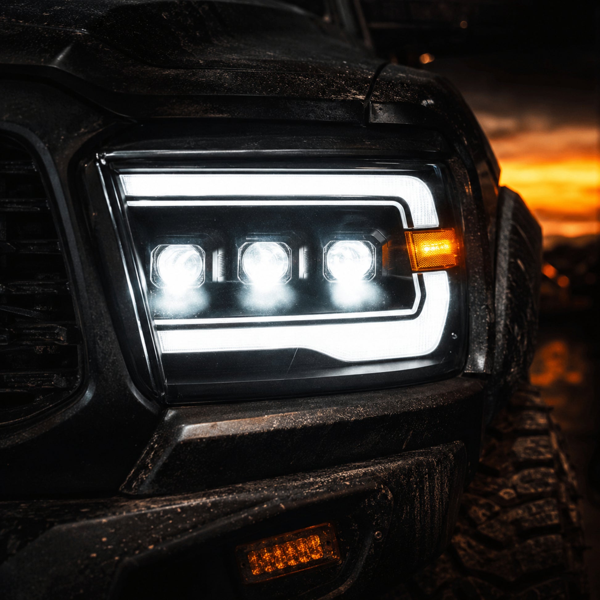 2009-2018 Dodge Ram 1500/2500/3500 LED Triple Projector Headlights — smoked close up — H-RAM09