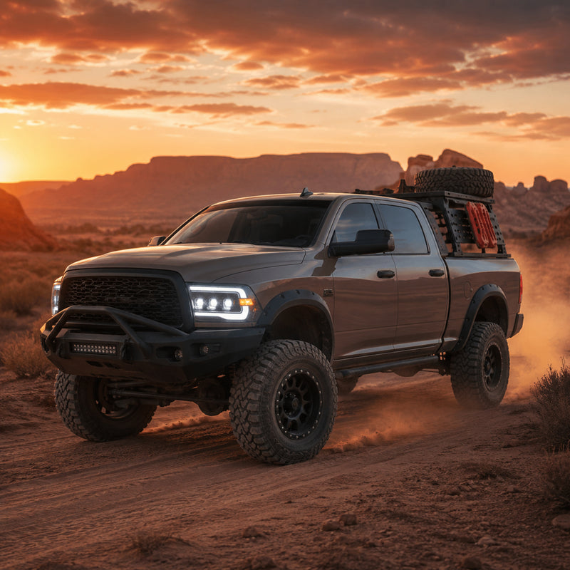 2009-2018 Dodge Ram 1500/2500/3500 LED Triple Projector Headlights — smoked desert wide — H-RAM09