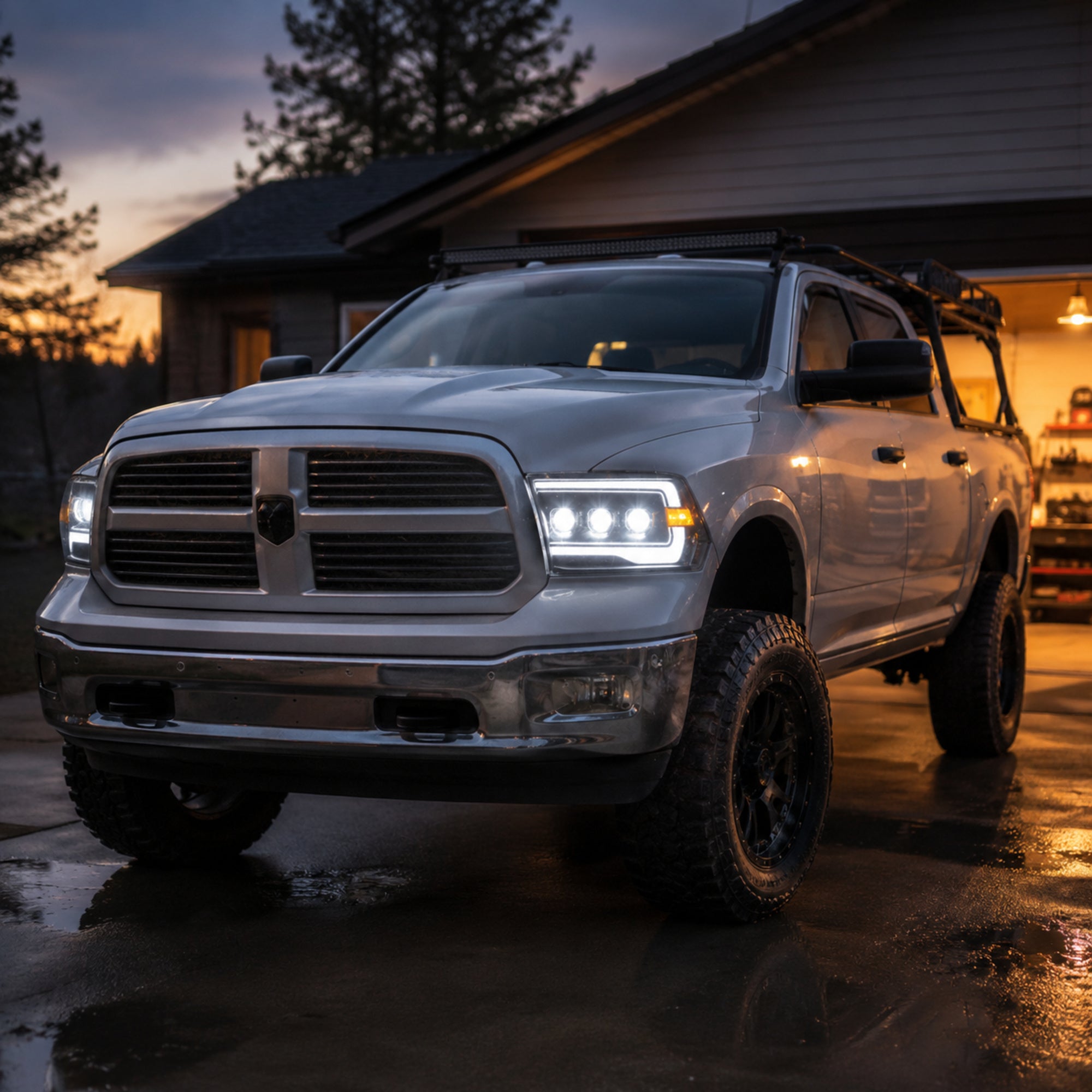 2009-2018 Dodge Ram 1500/2500/3500 LED Triple Projector Headlights — smoked driveway — H-RAM09