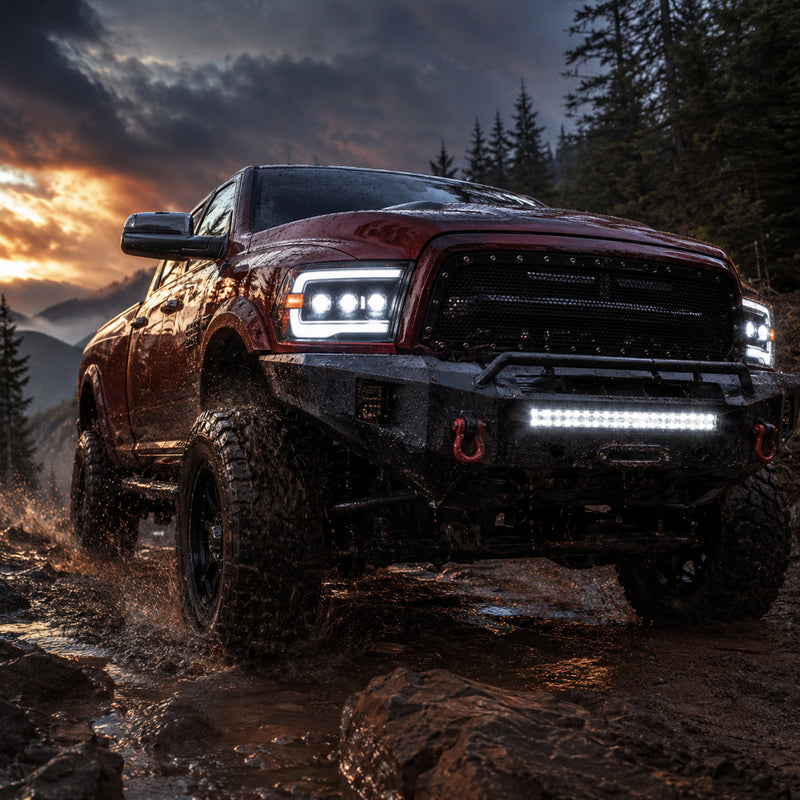 2009-2018 Dodge Ram 1500/2500/3500 LED Triple Projector Headlights — smoked mud trail — H-RAM09