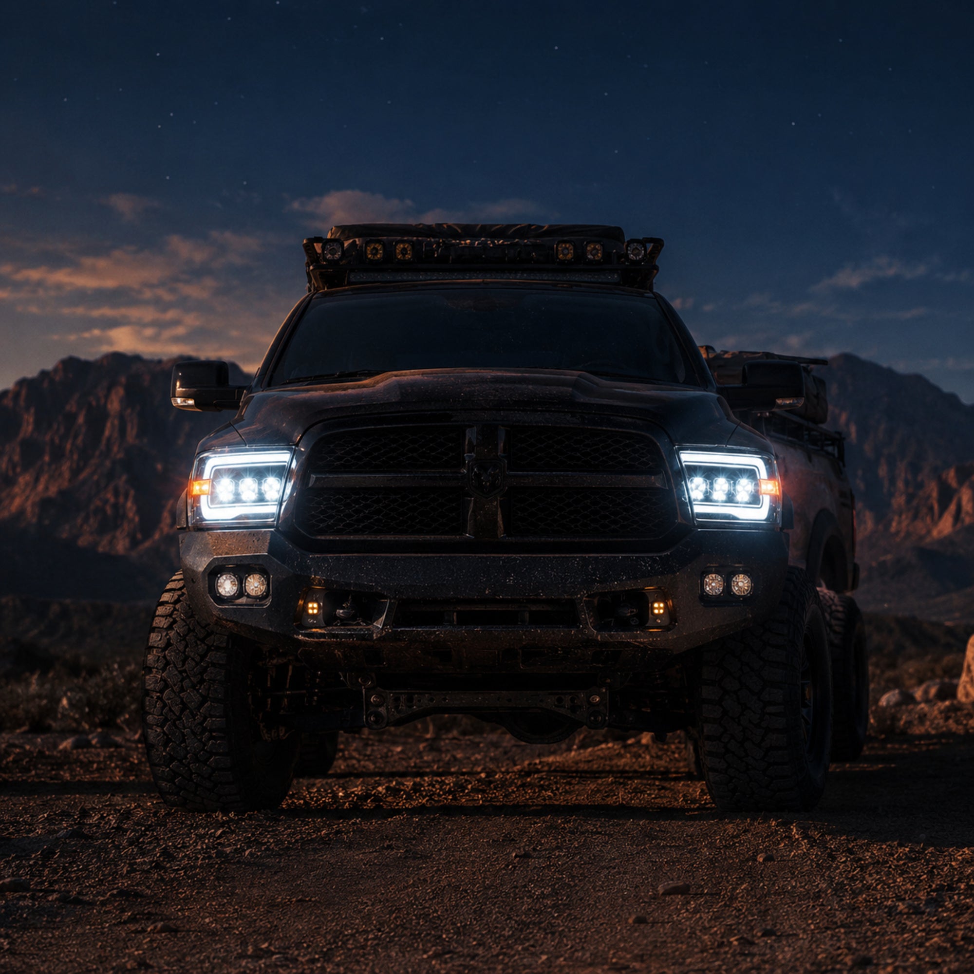 2009-2018 Dodge Ram 1500/2500/3500 LED Triple Projector Headlights — smoked night front signature — H-RAM09