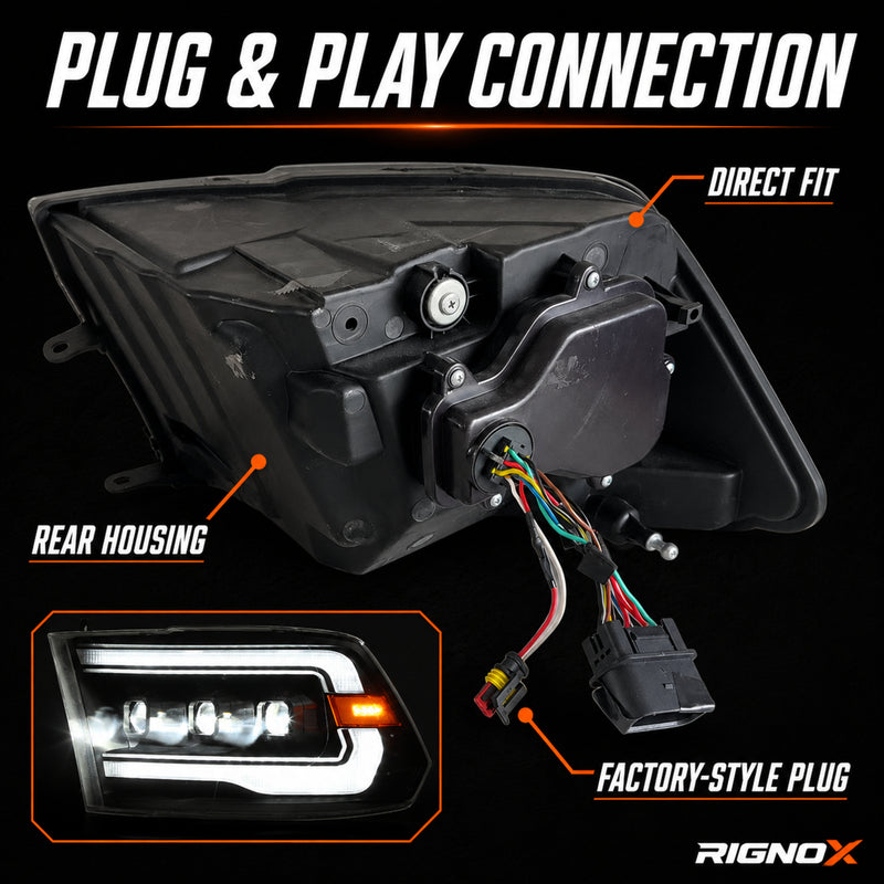 2009-2018 Dodge Ram 1500/2500/3500 LED Triple Projector Headlights — smoked plug and rear housing — H-RAM09