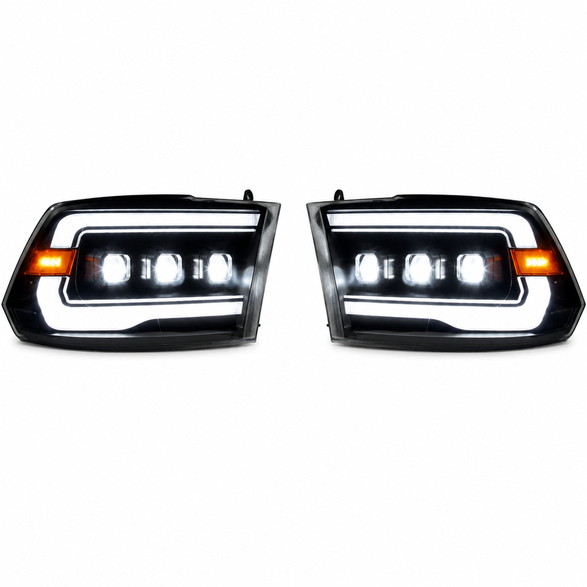 2009-2018 Dodge Ram 1500/2500/3500 LED Triple Projector Headlights — smoked white background — H-RAM09