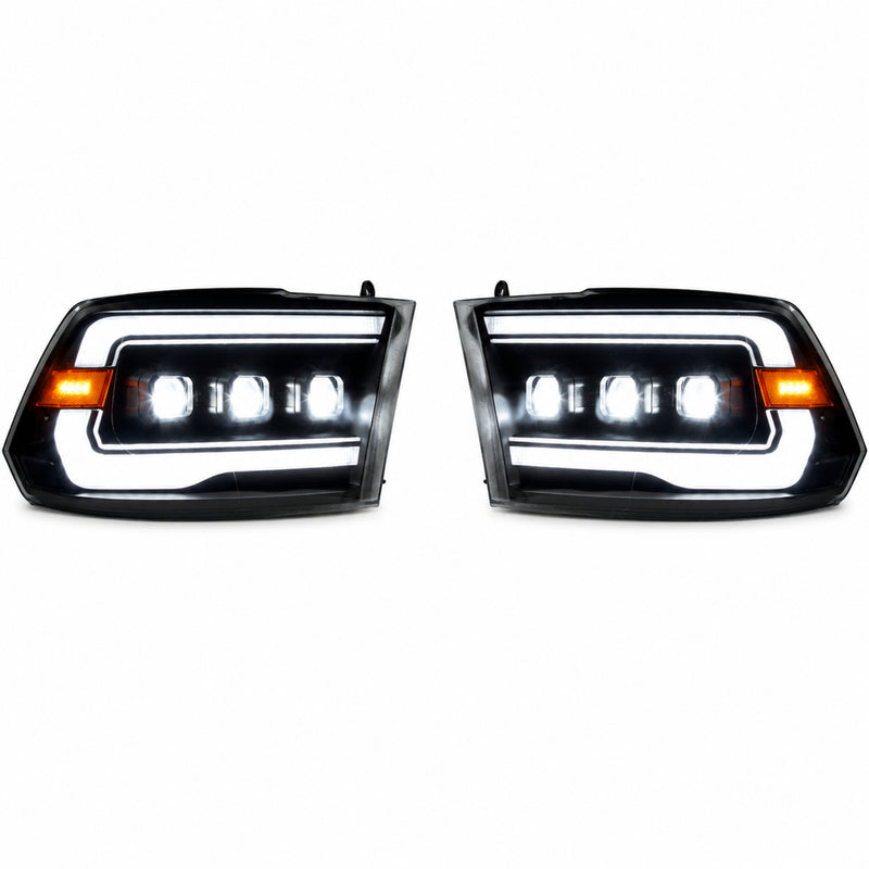 2009-2018 Dodge Ram 1500/2500/3500 LED Triple Projector Headlights — smoked white background — H-RAM09