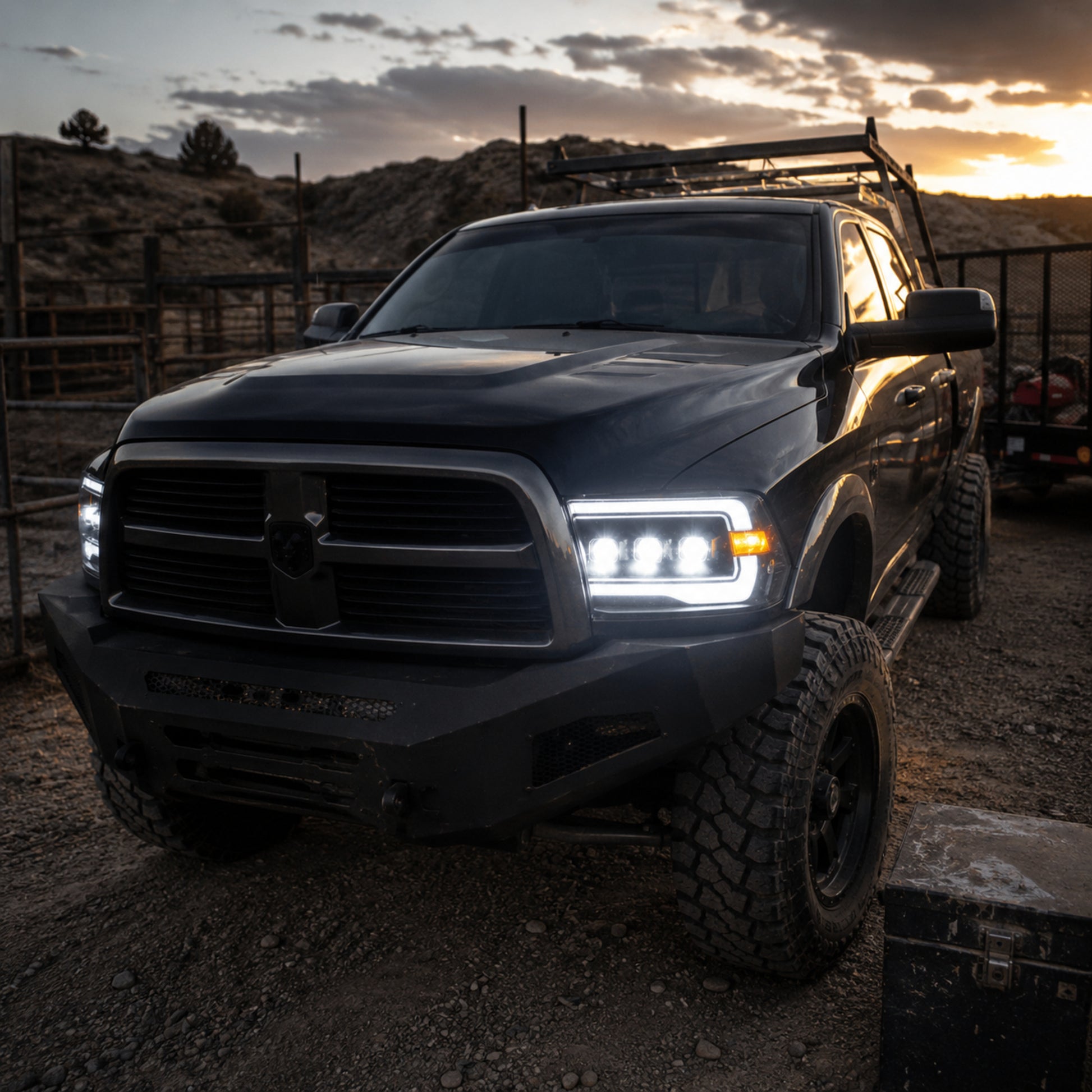 2009-2018 Dodge Ram 1500/2500/3500 LED Triple Projector Headlights — smoked work truck — H-RAM09