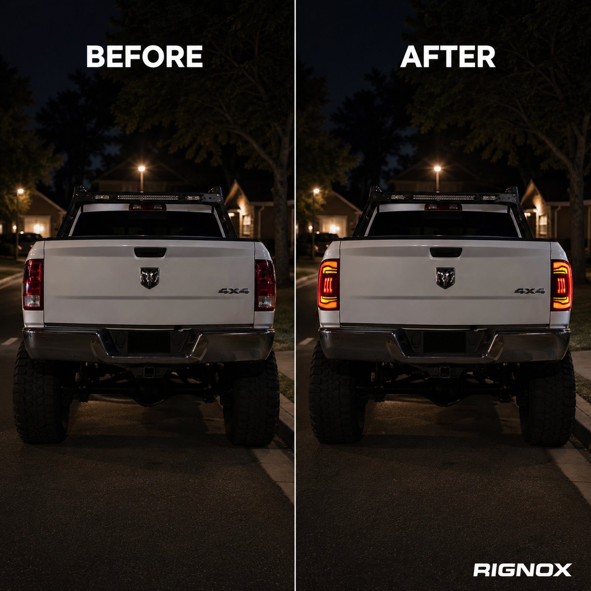 2009-2018 Dodge Ram 1500/2500/3500 Sequential LED Tail Lights — smoked sequential before after - T-RAM09-CR