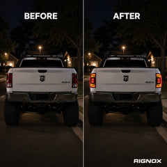 2009-2018 Dodge Ram 1500/2500/3500 Sequential LED Tail Lights — smoked sequential before after - T-RAM09-CR