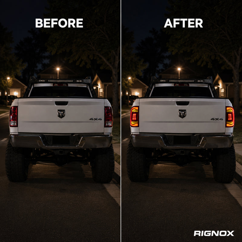 2009-2018 Dodge Ram 1500/2500/3500 Sequential LED Tail Lights — smoked sequential before after - T-RAM09-CR