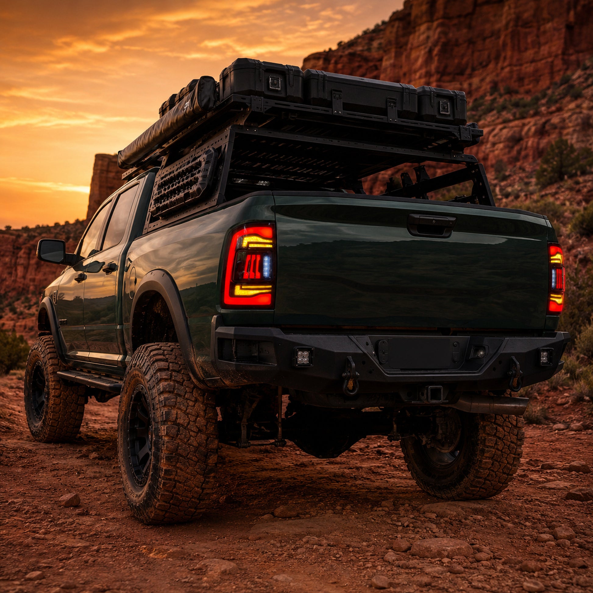2009-2018 Dodge Ram 1500/2500/3500 Sequential LED Tail Lights — smoked sequential red rock trail scene - T-RAM09-CR