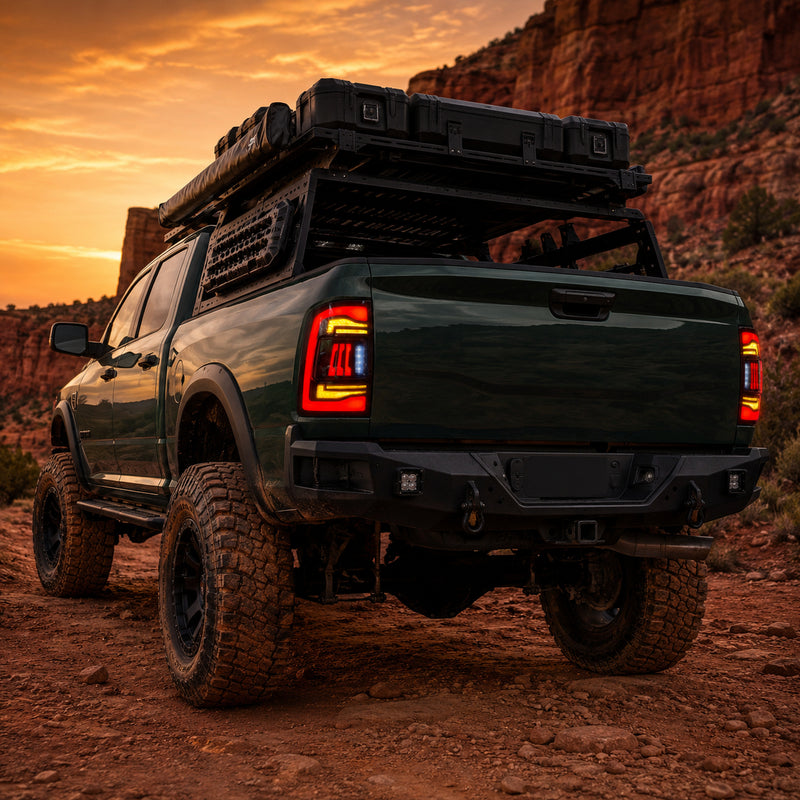 2009-2018 Dodge Ram 1500/2500/3500 Sequential LED Tail Lights — smoked sequential red rock trail scene - T-RAM09-CR