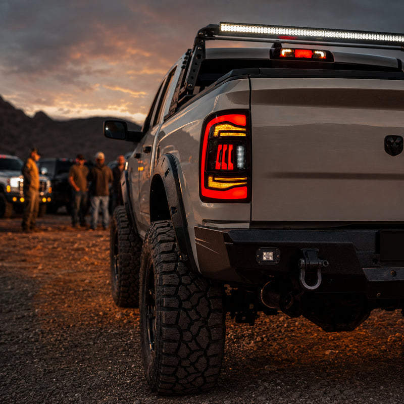 2009-2018 Dodge Ram 1500/2500/3500 Sequential LED Tail Lights — smoked sequential truck meet scene - T-RAM09-CR