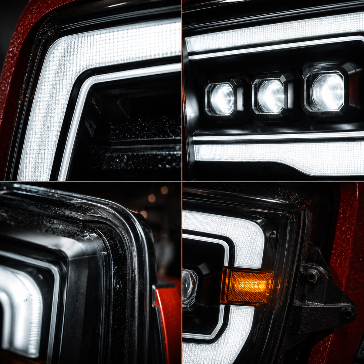 2009-2018 Ram 1500/2500/3500 and 2019-2024 Ram 1500 Classic LED Triple Projector Headlights — projector lens detail close-up — H-RAM09
