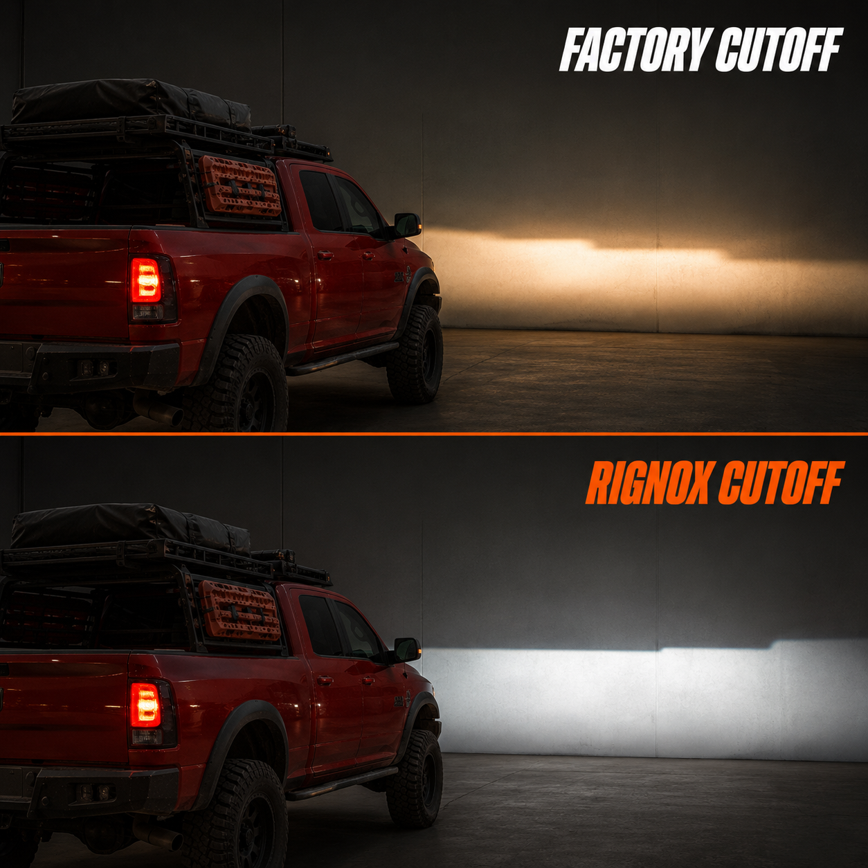 2009-2018 Ram 1500/2500/3500 and 2019-2024 Ram 1500 Classic LED Triple Projector Headlights — factory vs RIGNOX beam cutoff — H-RAM09
