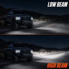 2009-2018 Ram 1500/2500/3500 and 2019-2024 Ram 1500 Classic LED Triple Projector Headlights — low beam and high beam comparison — H-RAM09