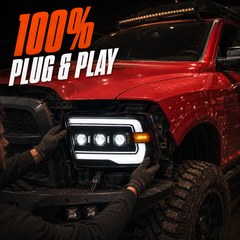 2009-2018 Ram 1500/2500/3500 and 2019-2024 Ram 1500 Classic LED Triple Projector Headlights — plug-and-play direct fit install — H-RAM09