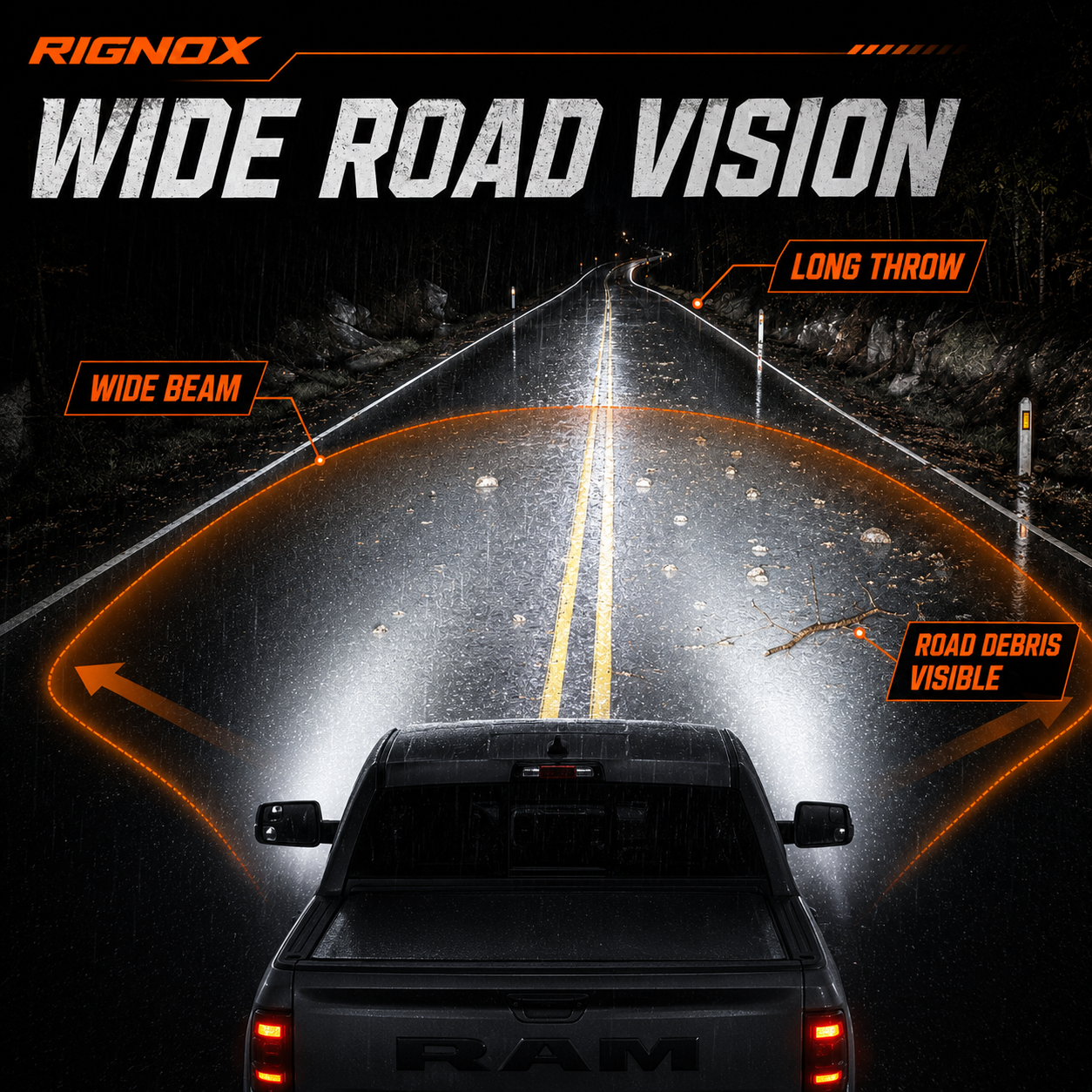 2009-2018 Dodge Ram 1500/2500/3500 LED Triple Projector Headlights — smoked rain vision function revised — H-RAM09