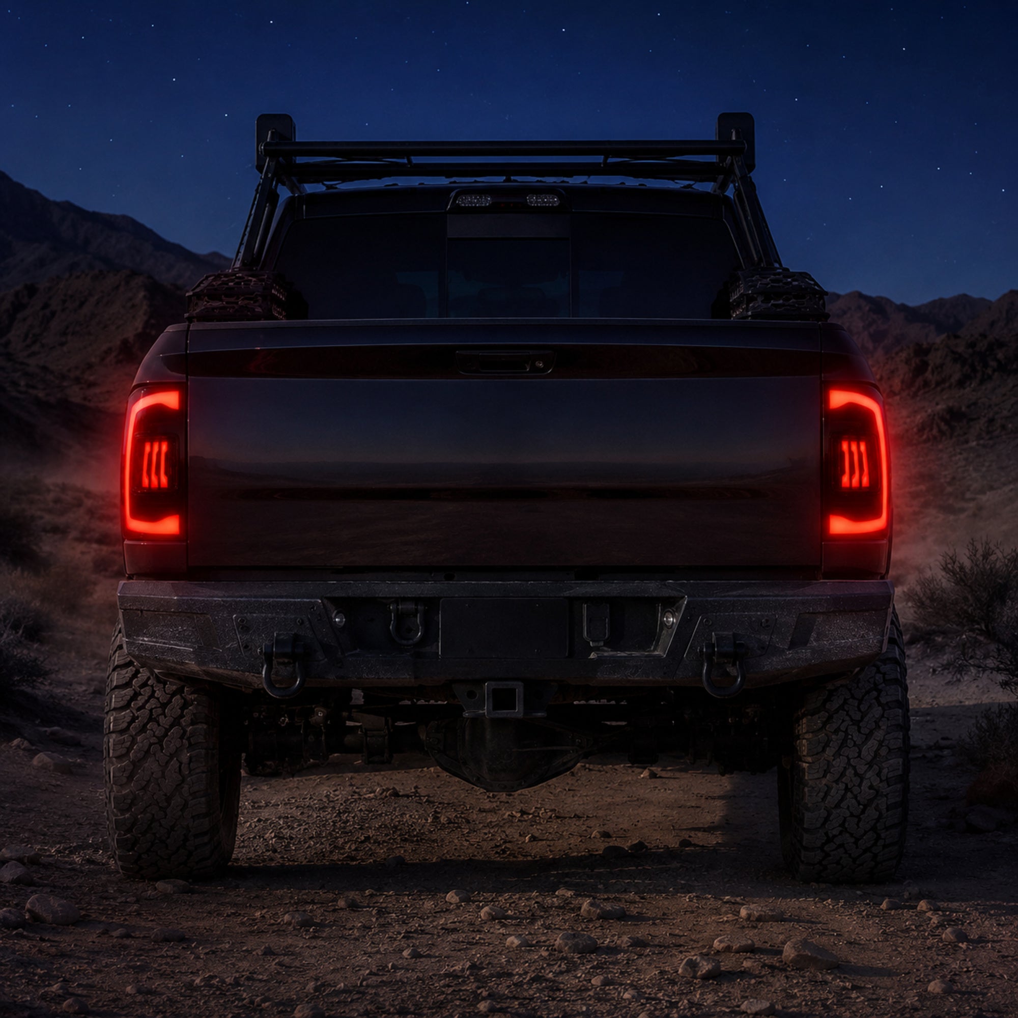 2009-2018 Dodge Ram 1500/2500/3500 Sequential LED Tail Lights — smoked sequential night rear view - T-RAM09-CR