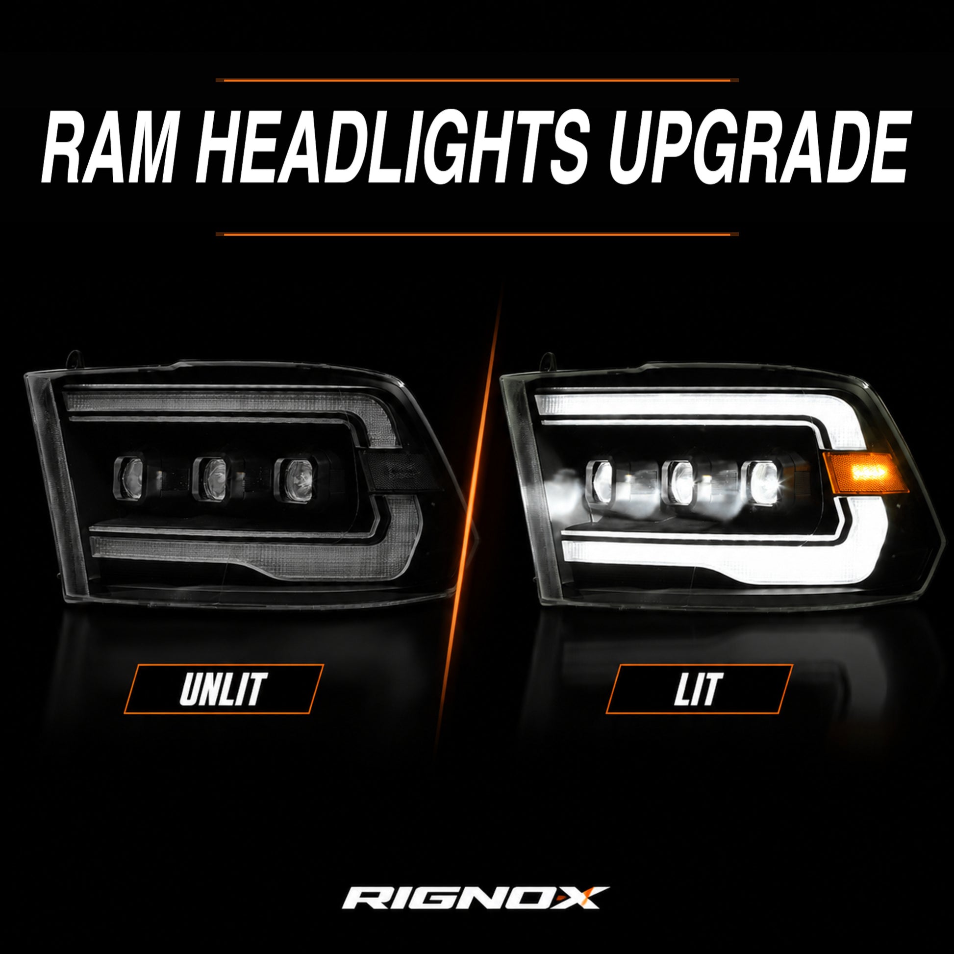 2009-2018 Dodge Ram 1500/2500/3500 LED Triple Projector Headlights — smoked lit unlit — H-RAM09