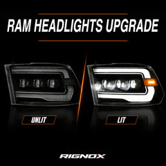2009-2018 Dodge Ram 1500/2500/3500 LED Triple Projector Headlights — smoked lit unlit — H-RAM09