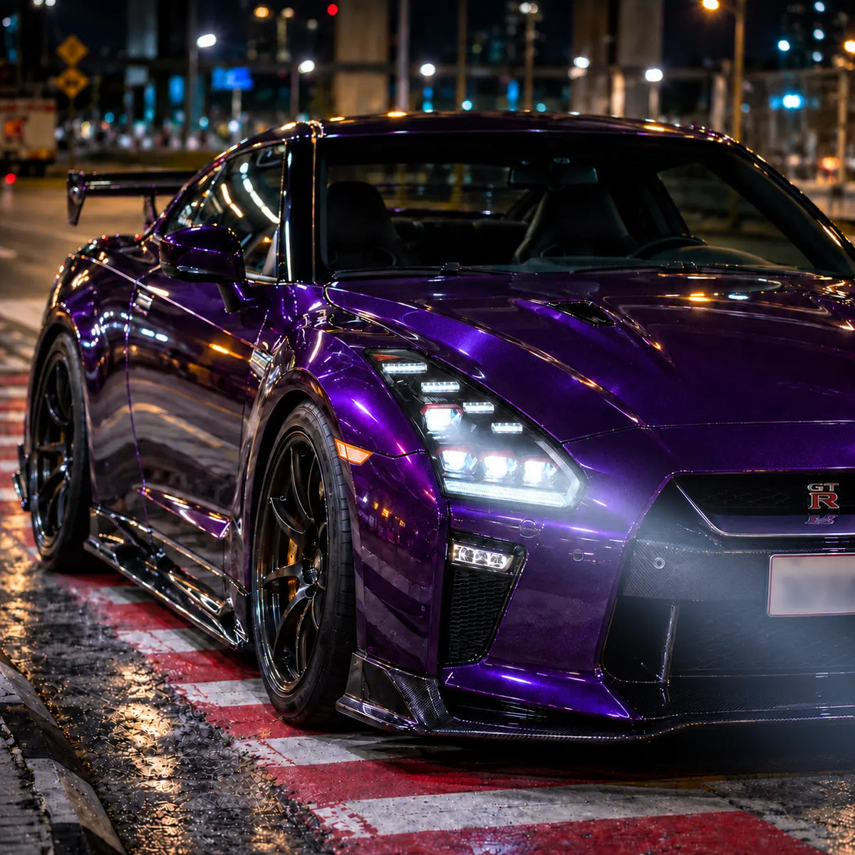 2009-2024 Nissan GT-R R35 LED Quad Projector Headlights Assembly — Pair — Purple GT-R front end night view — H-GTR09