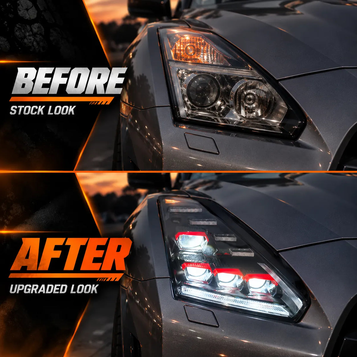 2009-2024 Nissan GT-R R35 LED Quad Projector Headlights Assembly — Pair — Stock and upgraded headlights comparison — H-GTR09