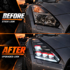 2009-2024 Nissan GT-R R35 LED Quad Projector Headlights Assembly — Pair — Stock and upgraded headlights comparison — H-GTR09