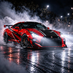 2009-2024 Nissan GT-R R35 LED Quad Projector Headlights Assembly — Pair — Red GT-R night performance scene — H-GTR09