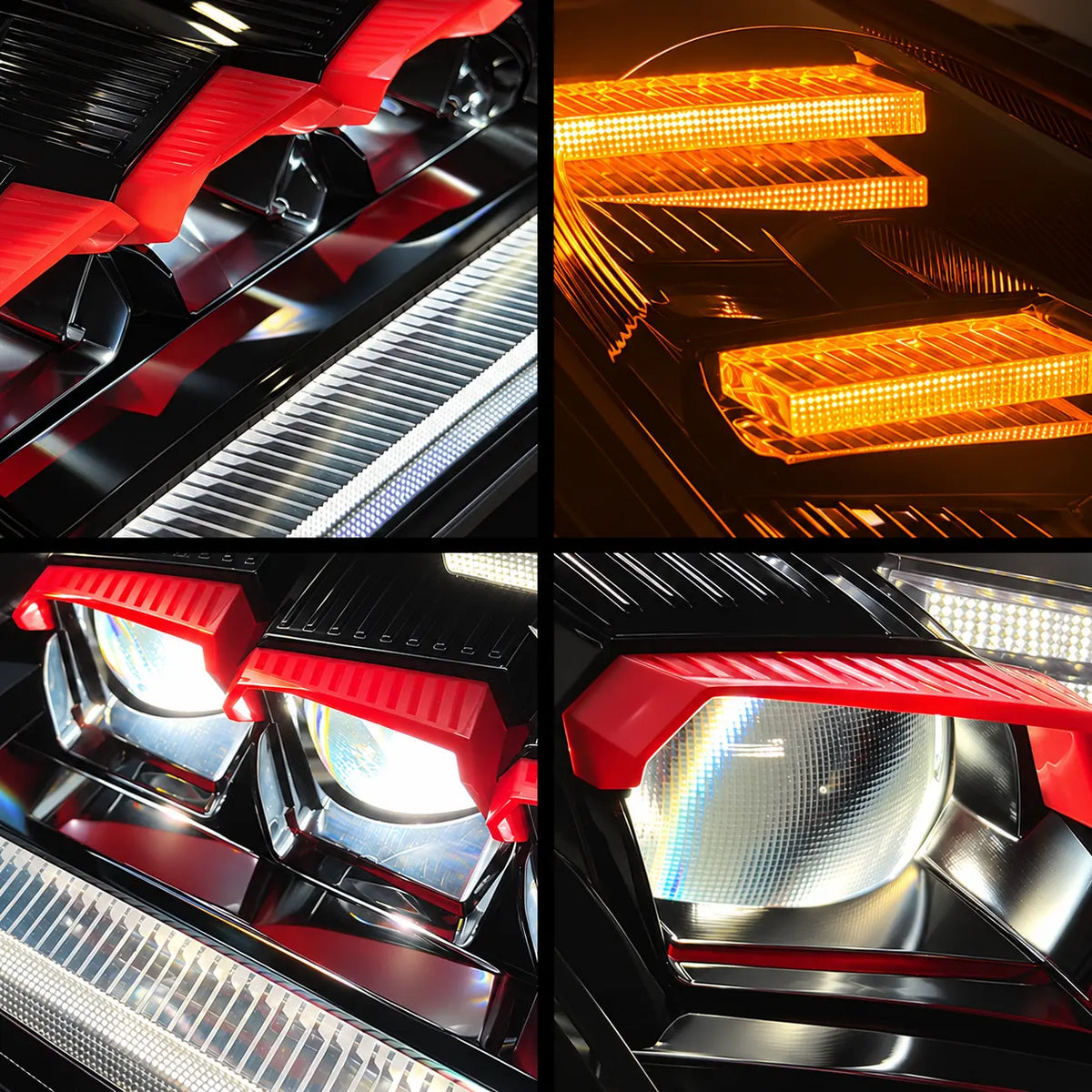 2009-2024 Nissan GT-R R35 LED Quad Projector Headlights Assembly — Pair — Four close-up lighting details — H-GTR09