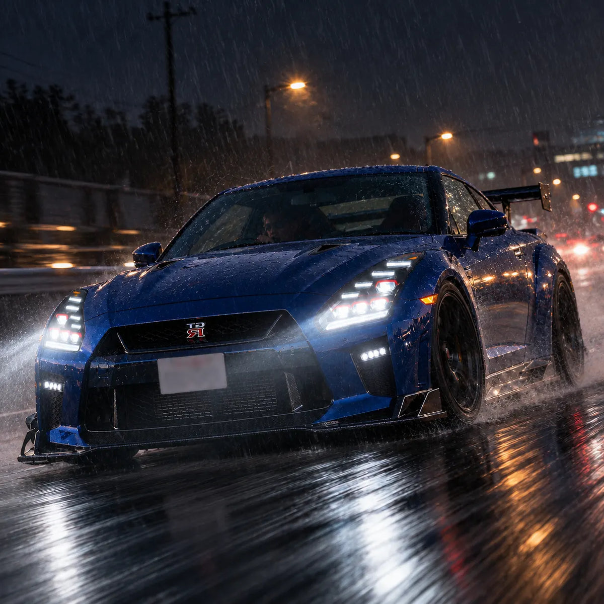 2009-2024 Nissan GT-R R35 LED Quad Projector Headlights Assembly — Pair — Blue GT-R driving in heavy rain — H-GTR09