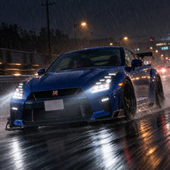 2009-2024 Nissan GT-R R35 LED Quad Projector Headlights Assembly — Pair — Blue GT-R driving in heavy rain — H-GTR09