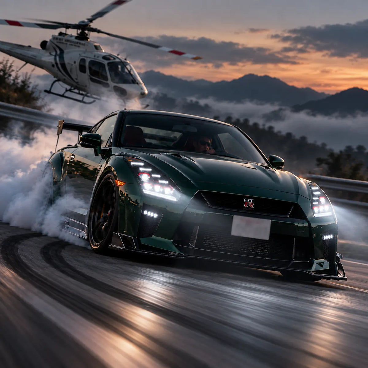 2009-2024 Nissan GT-R R35 LED Quad Projector Headlights Assembly — Pair — Green GT-R drifting at dusk — H-GTR09
