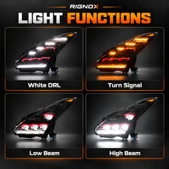 2009-2024 Nissan GT-R R35 LED Quad Projector Headlights Assembly — Pair — White DRL turn low and high beams — H-GTR09