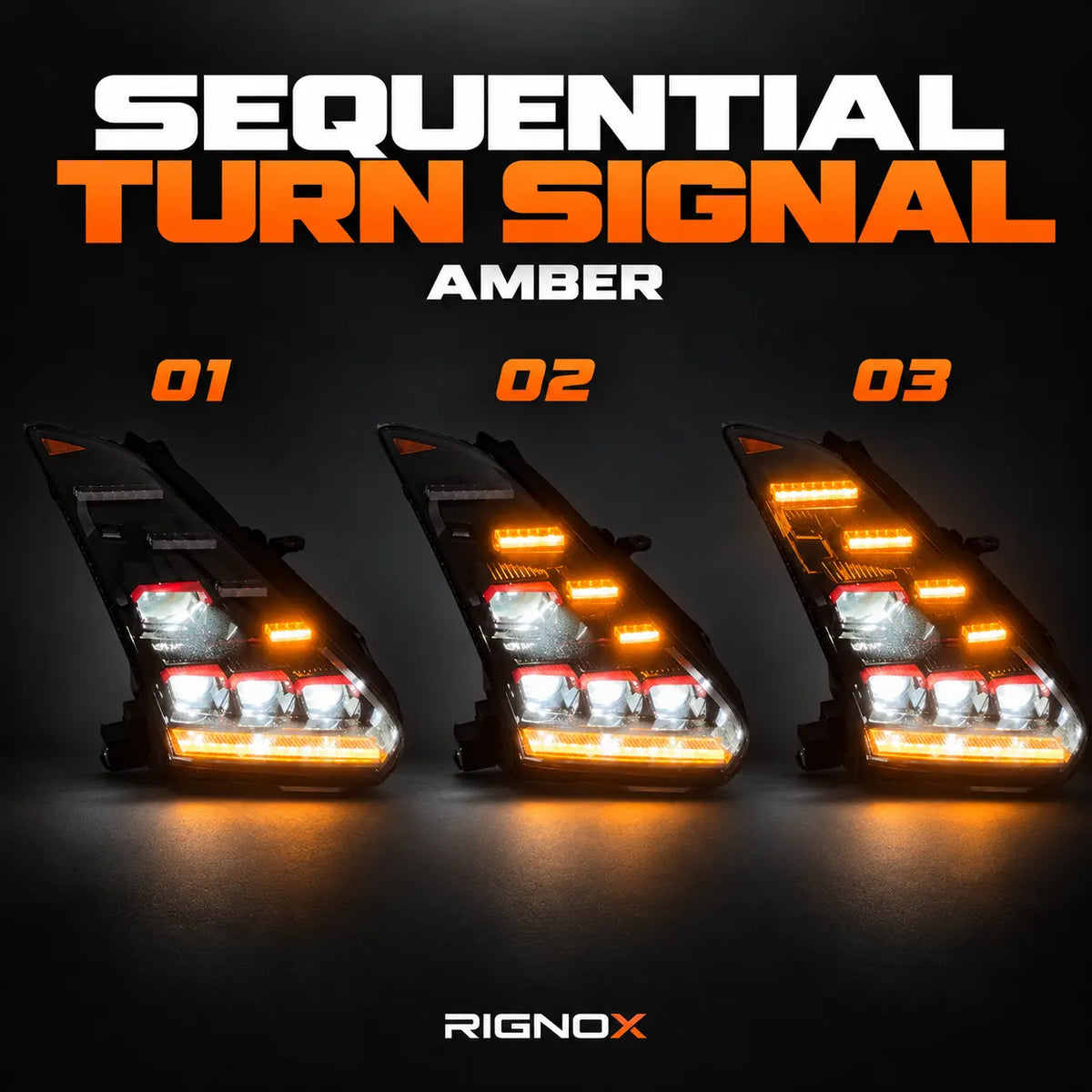 2009-2024 Nissan GT-R R35 LED Quad Projector Headlights Assembly — Pair — Amber sequential turn signal stages — H-GTR09