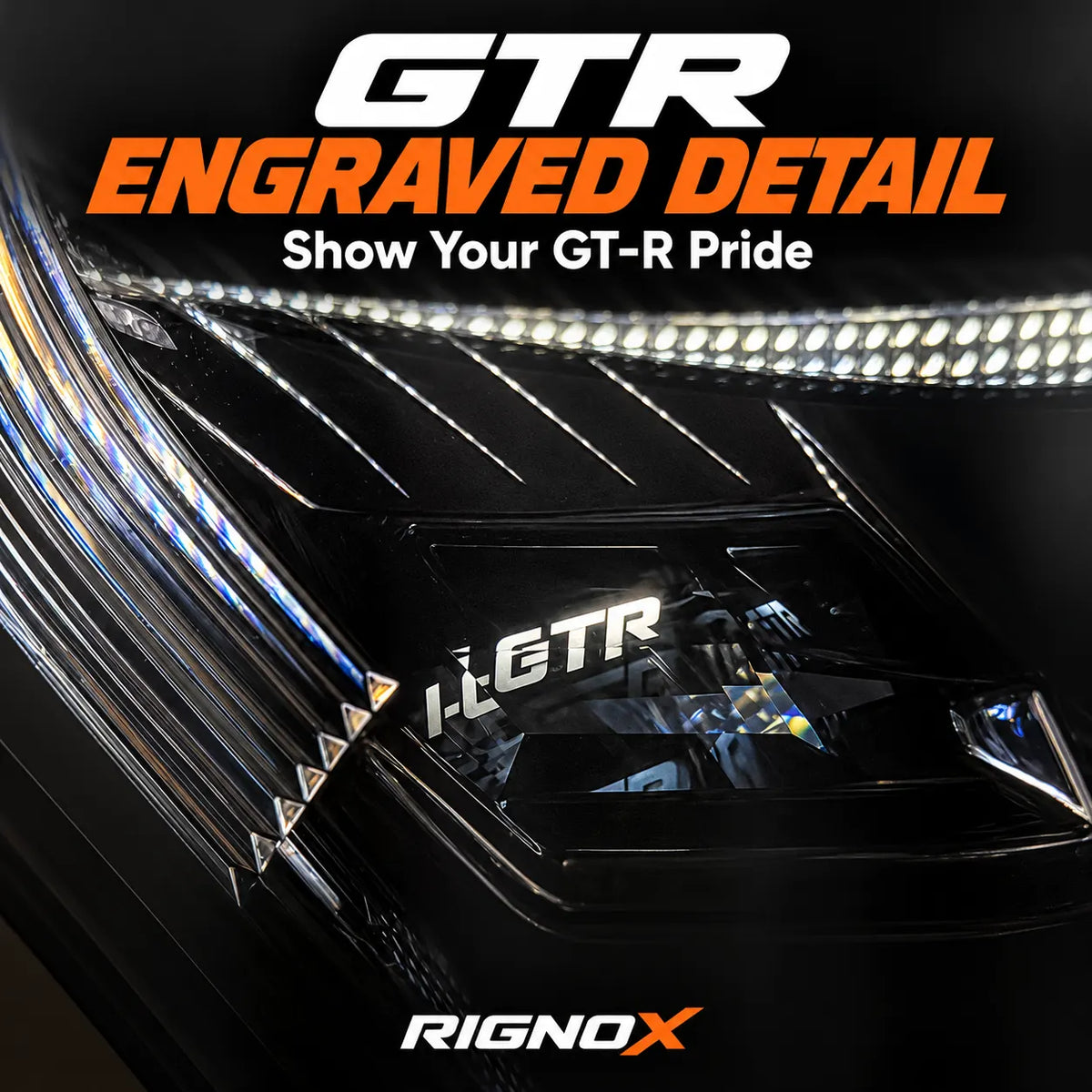 2009-2024 Nissan GT-R R35 LED Quad Projector Headlights Assembly — Pair — GTR engraved detail close-up — H-GTR09