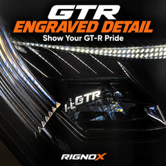 2009-2024 Nissan GT-R R35 LED Quad Projector Headlights Assembly — Pair — GTR engraved detail close-up — H-GTR09