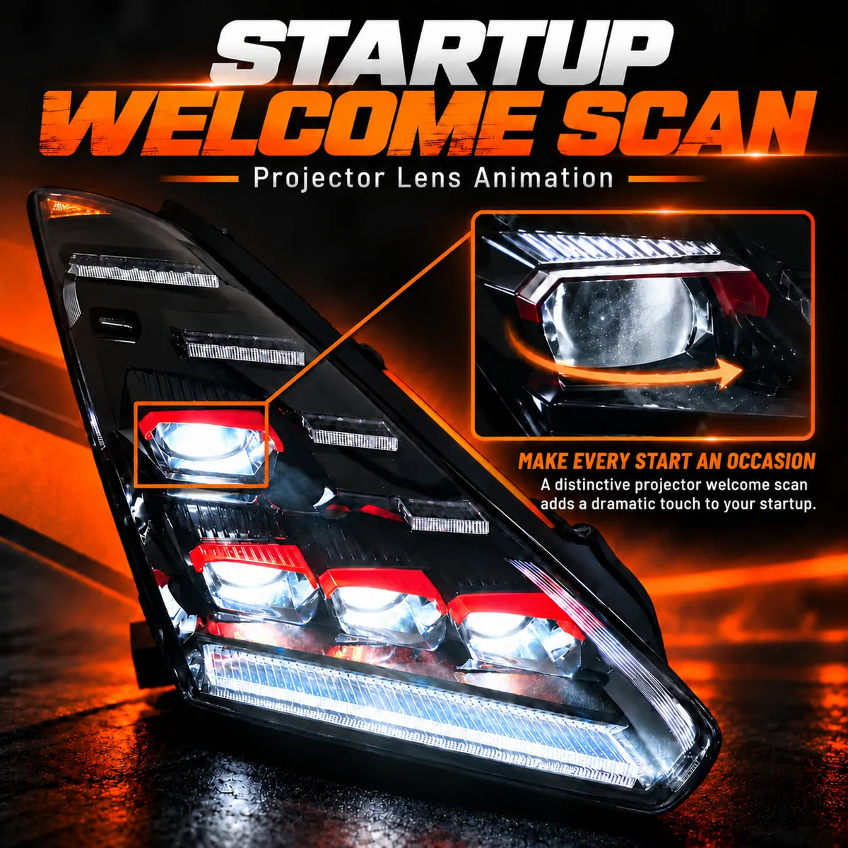 2009-2024 Nissan GT-R R35 LED Quad Projector Headlights Assembly — Pair — startup welcome scan — H-GTR09