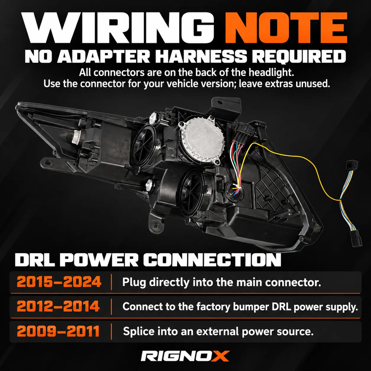 2009-2024 Nissan GT-R R35 LED Quad Projector Headlights Assembly — Pair — Connector wiring and DRL power instructions — H-GTR09