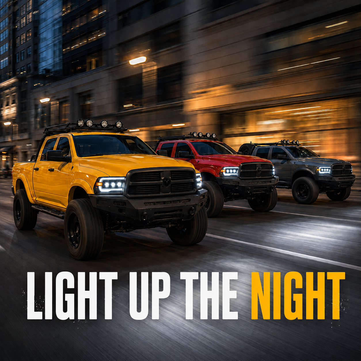 2009-2018 Ram 1500/2500/3500 and 2019-2024 Ram 1500 Classic LED Triple Projector Headlights — night front-end lighting — H-RAM09