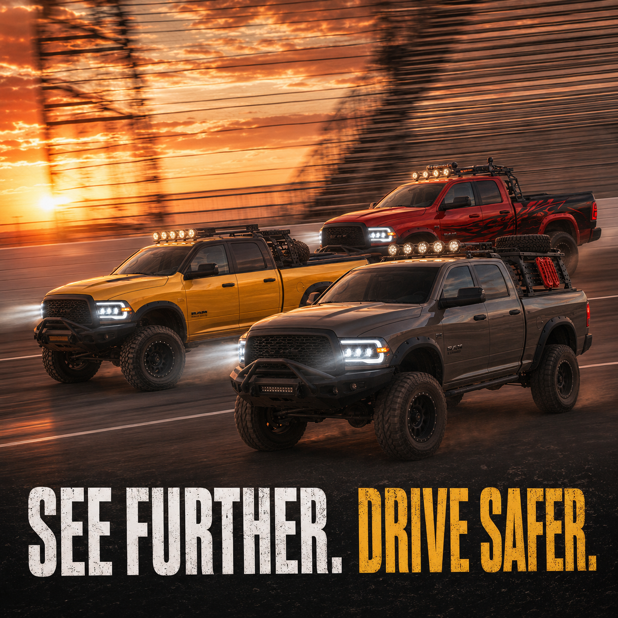 2009-2018 Ram 1500/2500/3500 and 2019-2024 Ram 1500 Classic LED Triple Projector Headlights — sunset front three-quarter view — H-RAM09