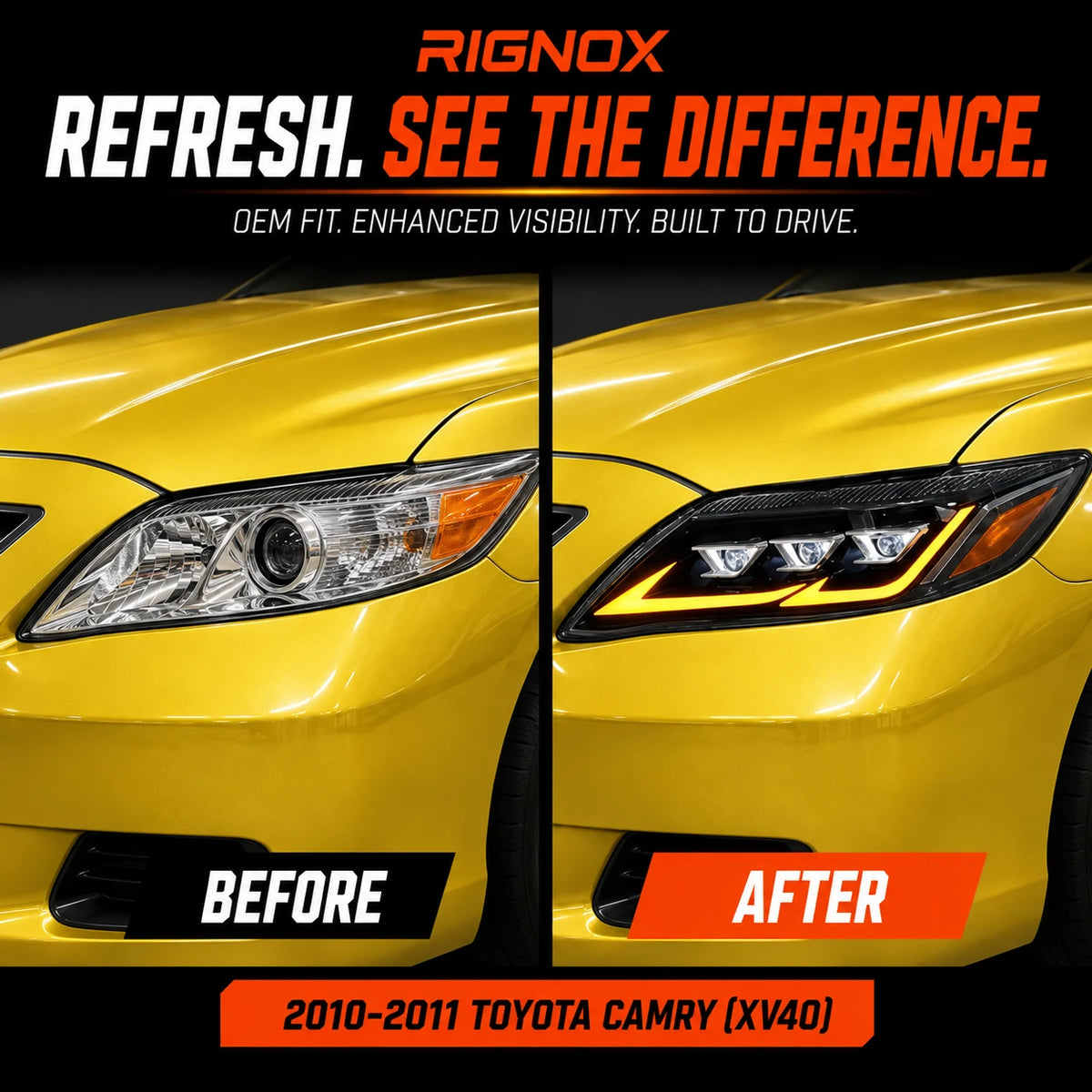 2010-2011 Toyota Camry LED Triple Projector Headlights Assembly — before after comparison — H-CAM10-DB-A