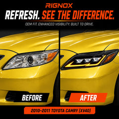 2010-2011 Toyota Camry LED Triple Projector Headlights Assembly — before after comparison — H-CAM10-DB-A