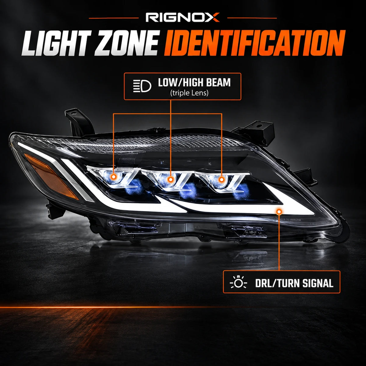 2010-2011 Toyota Camry LED Triple Projector Headlights Assembly — light identification — H-CAM10-DB-A