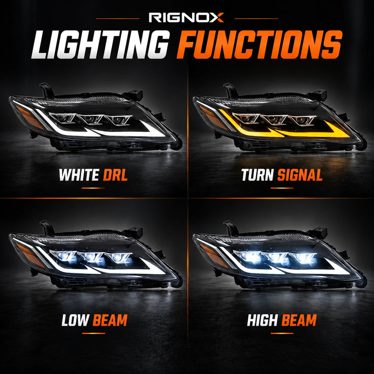2010-2011 Toyota Camry LED Triple Projector Headlights Assembly — lighting functions — H-CAM10-DB-A