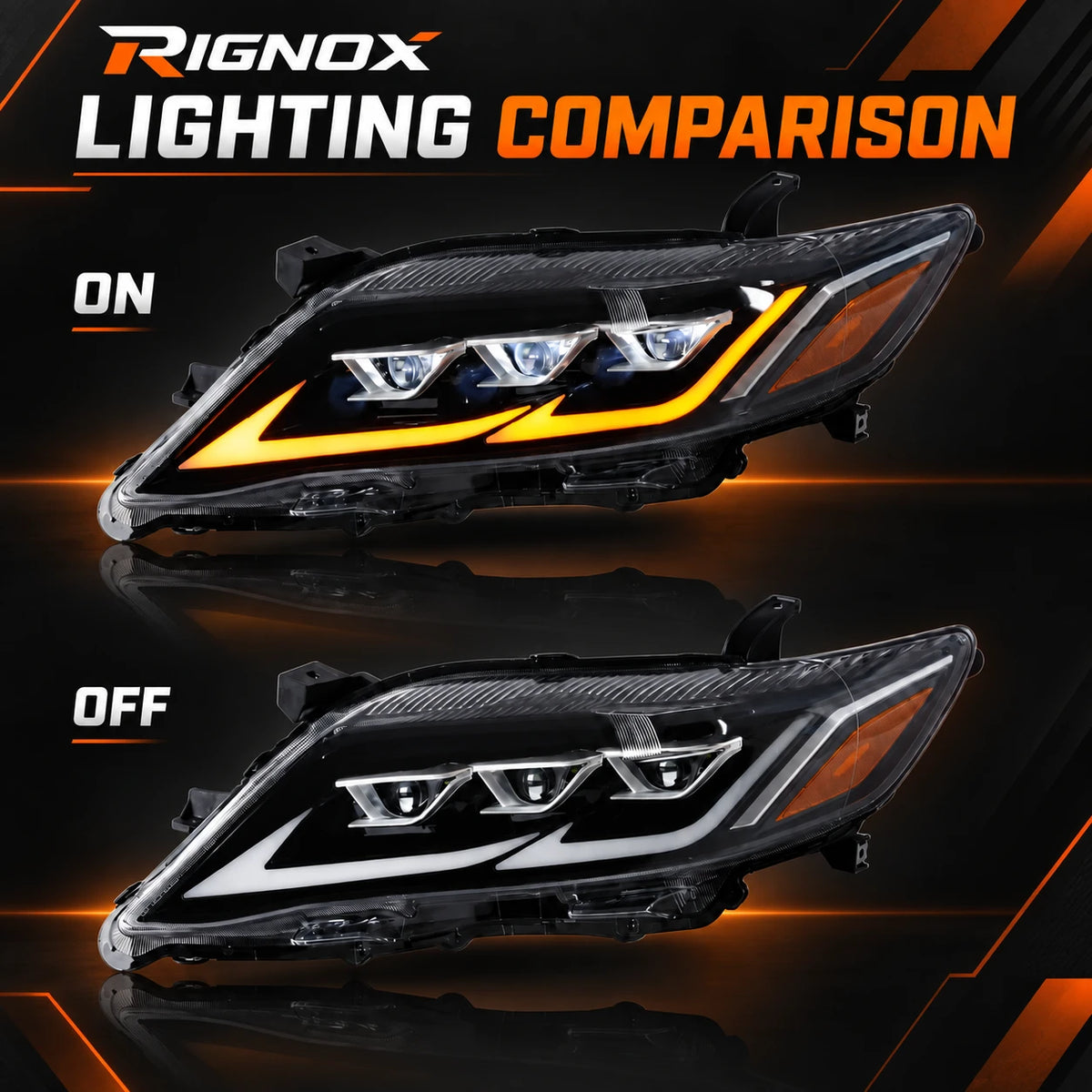 2010-2011 Toyota Camry LED Triple Projector Headlights Assembly — on off comparison — H-CAM10-DB-A